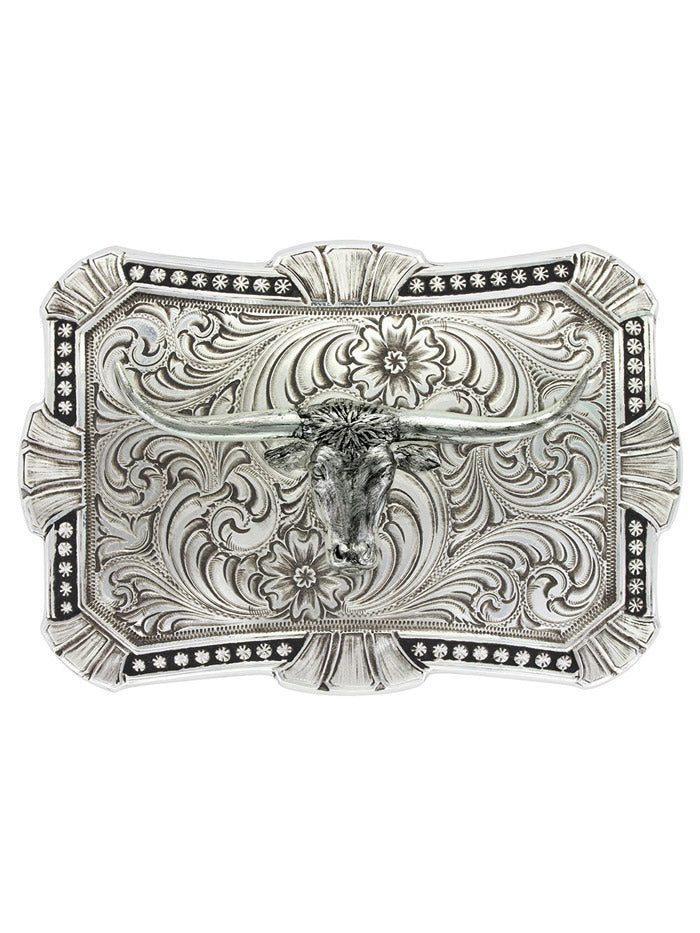 Montana Silversmiths 22718RTS-767 Antiqued Trailblazer Longhorn Buckle Silver front view. If you need any assistance with this item or the purchase of this item please call us at five six one seven four eight eight eight zero one Monday through Saturday 10:00a.m EST to 8:00 p.m EST