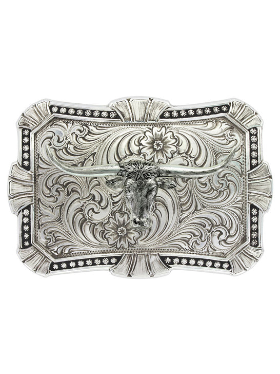 Montana Silversmiths 22718RTS-767 Antiqued Trailblazer Longhorn Buckle Silver front view. If you need any assistance with this item or the purchase of this item please call us at five six one seven four eight eight eight zero one Monday through Saturday 10:00a.m EST to 8:00 p.m EST