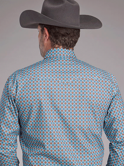 Roper 03-001-0225-3021 Mens Long Sleeve Allover Print Snap Shirt Turquoise Sunset front view. If you need any assistance with this item or the purchase of this item please call us at five six one seven four eight eight eight zero one Monday through Saturday 10:00a.m EST to 8:00 p.m EST