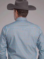 Roper 03-001-0225-3021 Mens Long Sleeve Allover Print Snap Shirt Turquoise Sunset back view. If you need any assistance with this item or the purchase of this item please call us at five six one seven four eight eight eight zero one Monday through Saturday 10:00a.m EST to 8:00 p.m EST