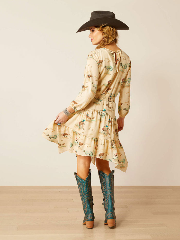 Ariat 10052602 Womens Handkerchief Dress Retro Ranch Print Tan front view. If you need any assistance with this item or the purchase of this item please call us at five six one seven four eight eight eight zero one Monday through Saturday 10:00a.m EST to 8:00 p.m EST