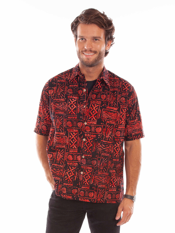 Scully 5348-RED Mens Batik Tribal Pattern Short Sleeve Shirt Red front view. If you need any assistance with this item or the purchase of this item please call us at five six one seven four eight eight eight zero one Monday through Saturday 10:00a.m EST to 8:00 p.m EST