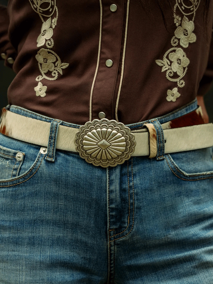 Stetson 9411790 Womens Hair-On-Hide Southwestern Buckle Belt Brown front view. If you need any assistance with this item or the purchase of this item please call us at five six one seven four eight eight eight zero one Monday through Saturday 10:00a.m EST to 8:00 p.m EST