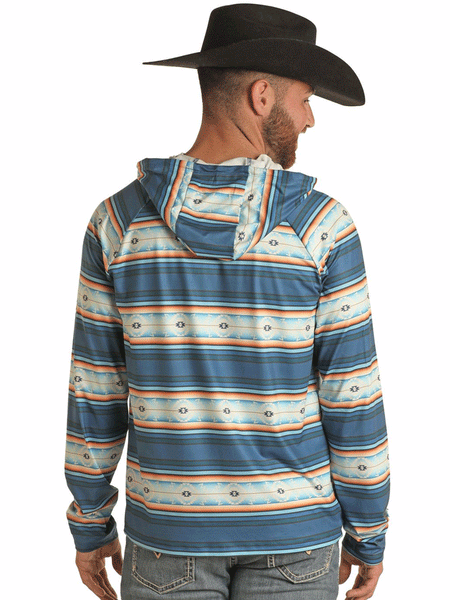 Rock & Roll Denim BM94T03004 Mens Aztec Printed Performance Hoodie Blue back view. If you need any assistance with this item or the purchase of this item please call us at five six one seven four eight eight eight zero one Monday through Saturday 10:00a.m EST to 8:00 p.m EST