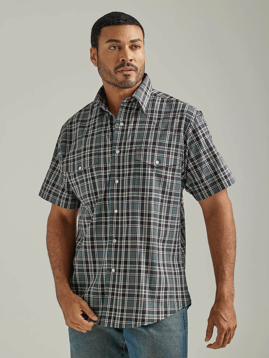 Wrangler 112326367 Mens Wrinkle Resist Short Sleeve Western Snap Plaid Shirt Black Knight front view. If you need any assistance with this item or the purchase of this item please call us at five six one seven four eight eight eight zero one Monday through Saturday 10:00a.m EST to 8:00 p.m EST