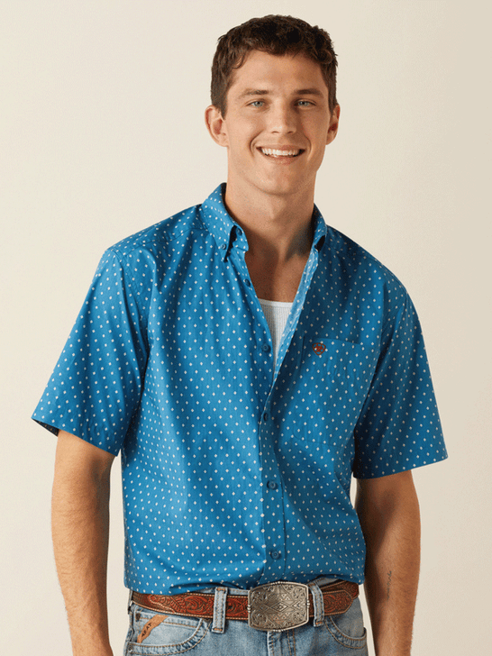 Ariat 10059017 Mens Scott Classic Fit Short Sleeve Shirt Dark Teal front view. If you need any assistance with this item or the purchase of this item please call us at five six one seven four eight eight eight zero one Monday through Saturday 10:00a.m EST to 8:00 p.m EST
