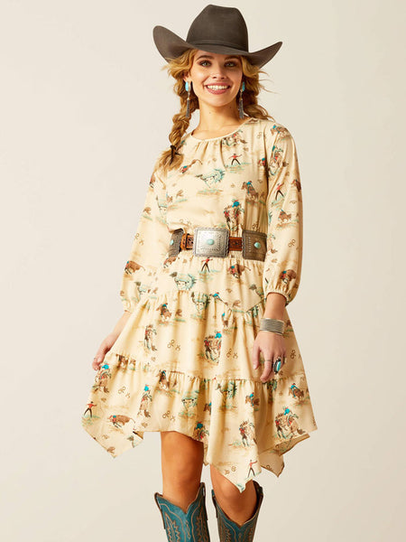 Ariat 10052602 Womens Handkerchief Dress Retro Ranch Print Tan front view. If you need any assistance with this item or the purchase of this item please call us at five six one seven four eight eight eight zero one Monday through Saturday 10:00a.m EST to 8:00 p.m EST