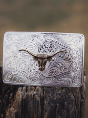 Montana Silversmiths 46510-64 Iconic Western Longhorn Silver Belt Buckle Silver front. If you need any assistance with this item or the purchase of this item please call us at five six one seven four eight eight eight zero one Monday through Saturday 10:00a.m EST to 8:00 p.m EST