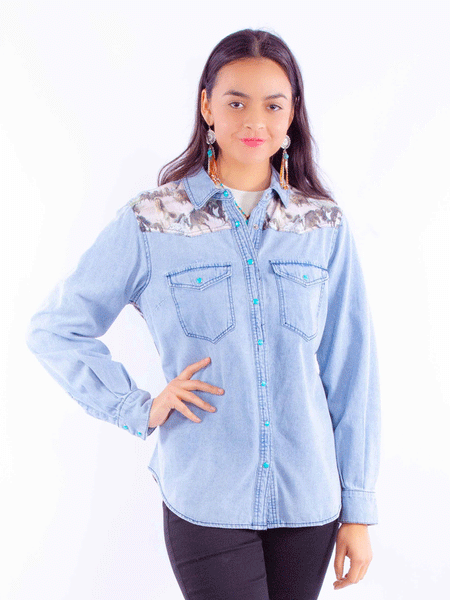 Scully HC915-DEN Womens Running Horses Scene Denim Shirt Blue front view. If you need any assistance with this item or the purchase of this item please call us at five six one seven four eight eight eight zero one Monday through Saturday 10:00a.m EST to 8:00 p.m EST