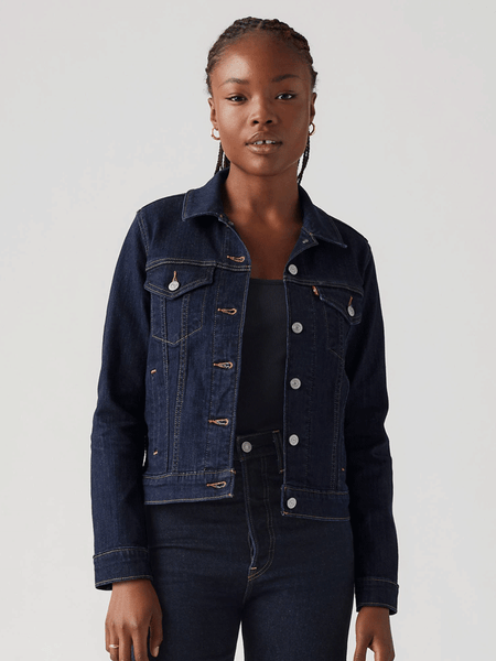Levis 299450013 Womens Original Trucker Jacket Dark Wash front view. If you need any assistance with this item or the purchase of this item please call us at five six one seven four eight eight eight zero one Monday through Saturday 10:00a.m EST to 8:00 p.m EST