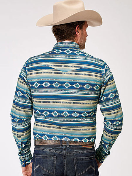 Roper 03-001-0067-0322 Mens Long Sleeve Aztec Print Shirt Blue back view. If you need any assistance with this item or the purchase of this item please call us at five six one seven four eight eight eight zero one Monday through Saturday 10:00a.m EST to 8:00 p.m EST