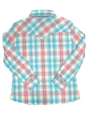 Panhandle WLGSOSR1GS Kids Long Sleeve Plaid Snap Shirt Light Turquoise back view. If you need any assistance with this item or the purchase of this item please call us at five six one seven four eight eight eight zero one Monday through Saturday 10:00a.m EST to 8:00 p.m EST