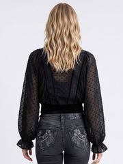 Miss Me MT8054L Womens Long Sleeve Sheer Top Black back view. If you need any assistance with this item or the purchase of this item please call us at five six one seven four eight eight eight zero one Monday through Saturday 10:00a.m EST to 8:00 p.m EST