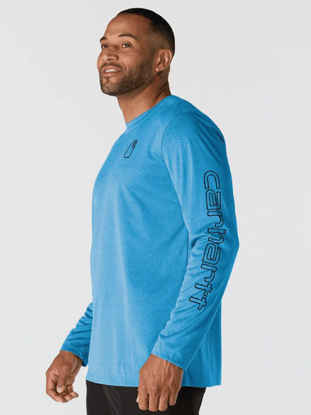 Carhartt 106164-HO7 Mens Force Sun Defender Long Sleeve T-Shirt Horizon Blue Heather side view. If you need any assistance with this item or the purchase of this item please call us at five six one seven four eight eight eight zero one Monday through Saturday 10:00a.m EST to 8:00 p.m EST