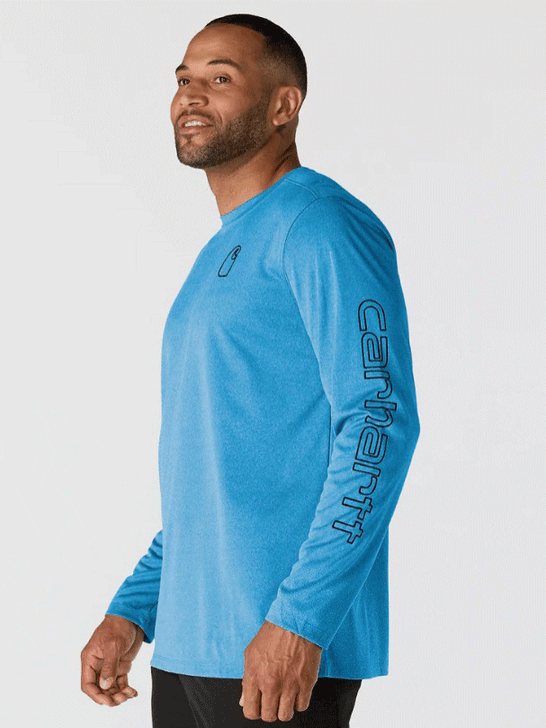 Carhartt 106164-HO7 Mens Force Sun Defender Long Sleeve T-Shirt Horizon Blue Heather side view. If you need any assistance with this item or the purchase of this item please call us at five six one seven four eight eight eight zero one Monday through Saturday 10:00a.m EST to 8:00 p.m EST