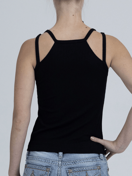 Miss Me MT3335T-BLK Womens Studded Strap Top Black back view. If you need any assistance with this item or the purchase of this item please call us at five six one seven four eight eight eight zero one Monday through Saturday 10:00a.m EST to 8:00 p.m EST