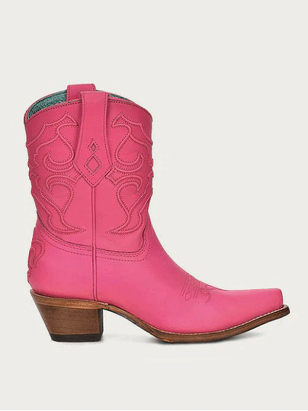 Corral Z5137 Ladies Embroidery Ankle Western Boot Fuchsia front and side view. If you need any assistance with this item or the purchase of this item please call us at five six one seven four eight eight eight zero one Monday through Saturday 10:00a.m EST to 8:00 p.m EST
