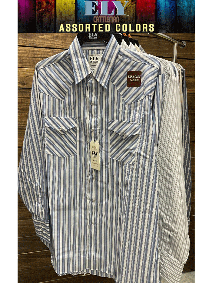 【IONSEOUL】Patty Striped Box Collar T-Shirt 4JH423 Men's Ely Cattleman Long Sleeve Textured Stripe Western Snap