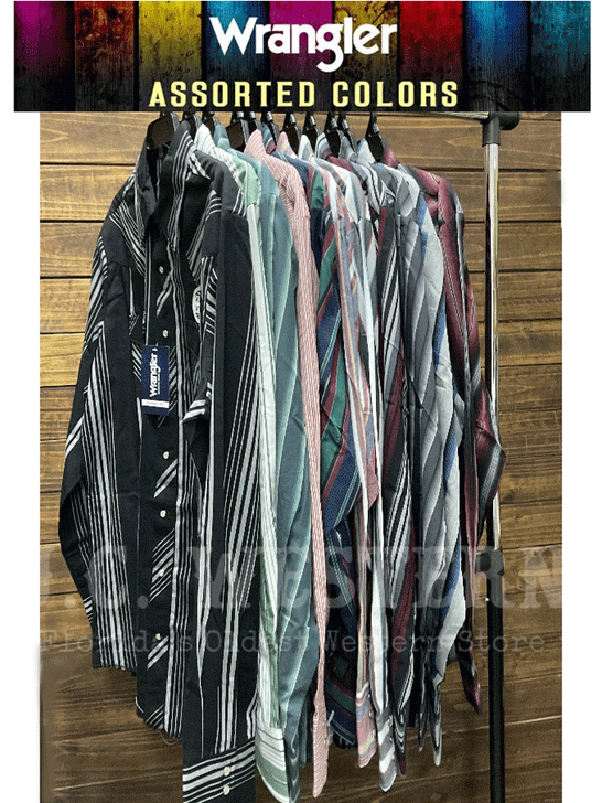 Assorted Wrangler Mens Western Long Sleeve Stripe Shirts 75201AA 75951PP hanging. If you need any assistance with this item or the purchase of this item please call us at five six one seven four eight eight eight zero one Monday through Saturday 10:00a.m EST to 8:00 p.m EST
