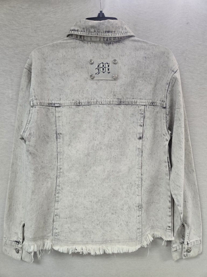 Miss Me MJ8012L Womens Embellished Wash Denim Shirt Silver Grey front view. If you need any assistance with this item or the purchase of this item please call us at five six one seven four eight eight eight zero one Monday through Saturday 10:00a.m EST to 8:00 p.m EST