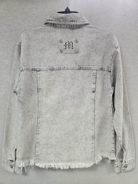 Miss Me MJ8012L Womens Embellished Wash Denim Shirt Silver Grey back view. If you need any assistance with this item or the purchase of this item please call us at five six one seven four eight eight eight zero one Monday through Saturday 10:00a.m EST to 8:00 p.m EST