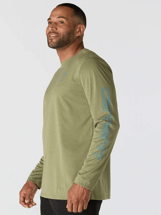 Carhartt 106164-GL8 Mens Force Sun Defender Long Sleeve T-Shirt Dark Bronzed Green Heather side view. If you need any assistance with this item or the purchase of this item please call us at five six one seven four eight eight eight zero one Monday through Saturday 10:00a.m EST to 8:00 p.m EST