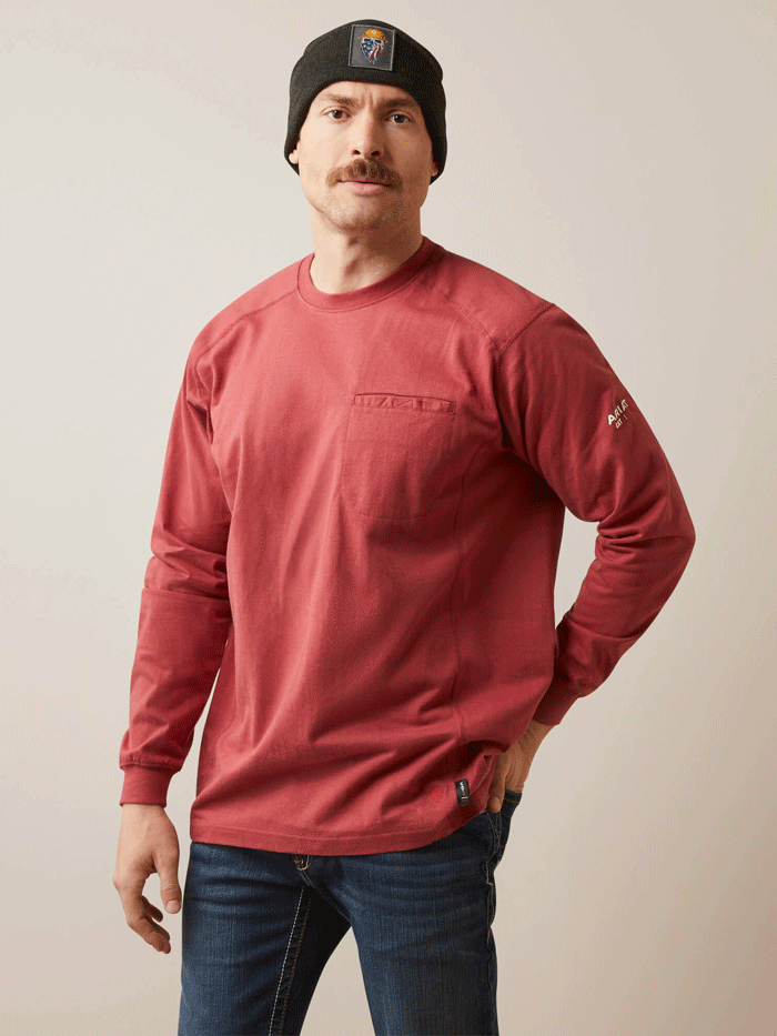 Ariat 10046697 Mens Flame Resistant Air Crew Long Sleeve T-Shirt Brick Red front view. If you need any assistance with this item or the purchase of this item please call us at five six one seven four eight eight eight zero one Monday through Saturday 10:00a.m EST to 8:00 p.m EST