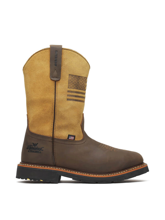 Thorogood 814-4338 Mens Square Toe Waterproof Western Work Boot Crazy Horse Brown front and side view of pair. If you need any assistance with this item or the purchase of this item please call us at five six one seven four eight eight eight zero one Monday through Saturday 10:00a.m EST to 8:00 p.m EST