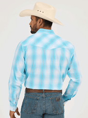 Wrangler 112365392 Mens 20X Competition Advanced Comfort Western Shirt Bright Sky Plaid back view. If you need any assistance with this item or the purchase of this item please call us at five six one seven four eight eight eight zero one Monday through Saturday 10:00a.m EST to 8:00 p.m EST

