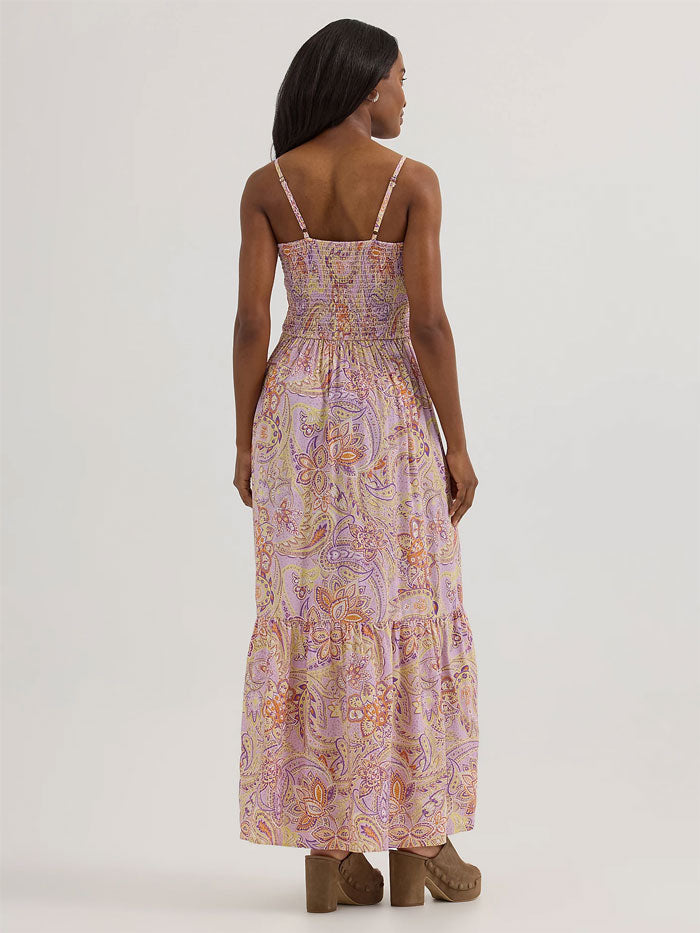 Wrangler 112364374 Womens Smocked Bodice Maxi Dress Pastel Paisley Purple front view. If you need any assistance with this item or the purchase of this item please call us at five six one seven four eight eight eight zero one Monday through Saturday 10:00a.m EST to 8:00 p.m EST