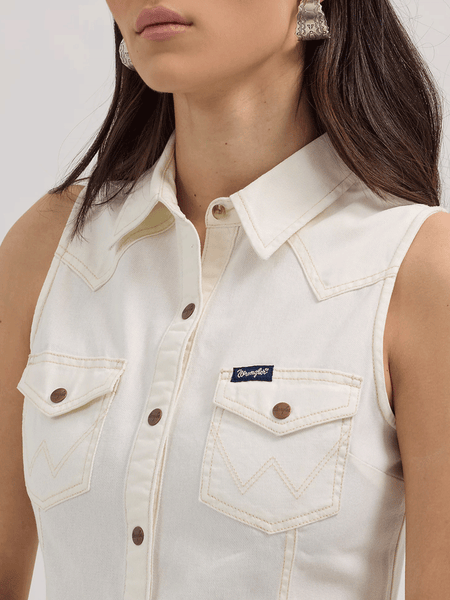 Wrangler 112364413 Womens Western Snap Shift Sleeveless Dress White front close up. If you need any assistance with this item or the purchase of this item please call us at five six one seven four eight eight eight zero one Monday through Saturday 10:00a.m EST to 8:00 p.m EST