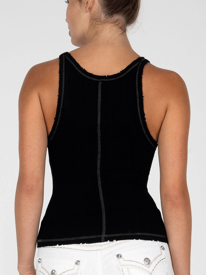 Miss Me MT2821T-BLK Womens Ribbed Cropped Tank Top Black front view. If you need any assistance with this item or the purchase of this item please call us at five six one seven four eight eight eight zero one Monday through Saturday 10:00a.m EST to 8:00 p.m EST
