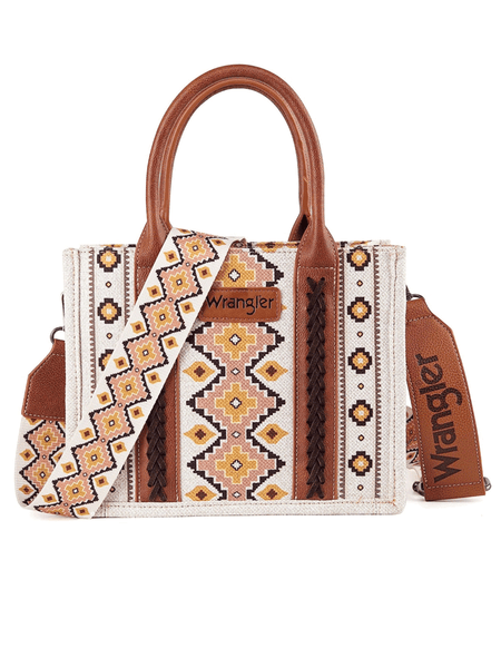 Wrangler WG2202-8120SCF Womens Southwestern Print Small Canvas Crossbody Tote Coffee Tan front view. If you need any assistance with this item or the purchase of this item please call us at five six one seven four eight eight eight zero one Monday through Saturday 10:00a.m EST to 8:00 p.m EST