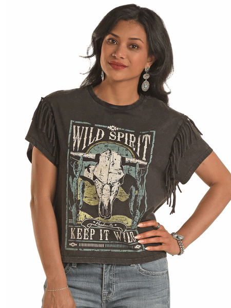 Panhandle LW21T03417 Womens Boxy Fringe Graphic Tee Black front view. If you need any assistance with this item or the purchase of this item please call us at five six one seven four eight eight eight zero one Monday through Saturday 10:00a.m EST to 8:00 p.m EST