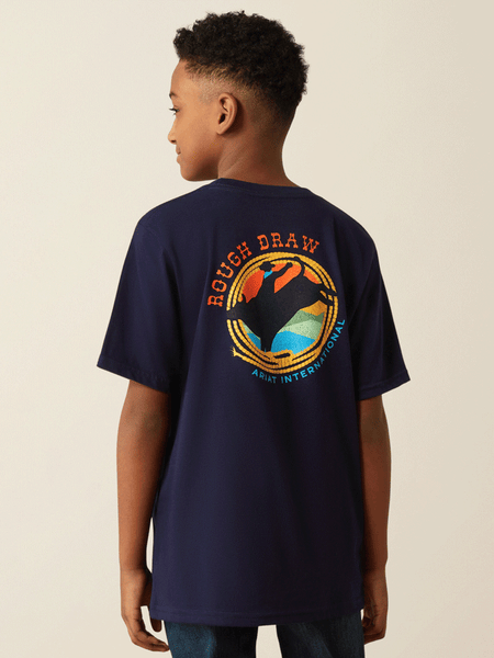 Ariat 10054751 Kids Rough Draw T-Shirt Navy back view. If you need any assistance with this item or the purchase of this item please call us at five six one seven four eight eight eight zero one Monday through Saturday 10:00a.m EST to 8:00 p.m EST