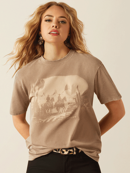 Ariat 10055131 Womens Western Mural T-Shirt Washed Greige front view. If you need any assistance with this item or the purchase of this item please call us at five six one seven four eight eight eight zero one Monday through Saturday 10:00a.m EST to 8:00 p.m EST