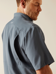 Ariat 10048844 Mens VentTEK Classic Fit Short Sleeve Shirt Newsboy Blue Grey side and back close up view. If you need any assistance with this item or the purchase of this item please call us at five six one seven four eight eight eight zero one Monday through Saturday 10:00a.m EST to 8:00 p.m EST