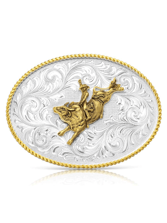 Montana Silversmiths 1255-528 Bull Rider Classic Western Buckle Silver front view. If you need any assistance with this item or the purchase of this item please call us at five six one seven four eight eight eight zero one Monday through Saturday 10:00a.m EST to 8:00 p.m EST

