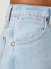 Wrangler 14MWZGH Womens Cowboy Cut Slim Fit Jean Bleach front pocket close up view. If you need any assistance with this item or the purchase of this item please call us at five six one seven four eight eight eight zero one Monday through Saturday 10:00a.m EST to 8:00 p.m EST