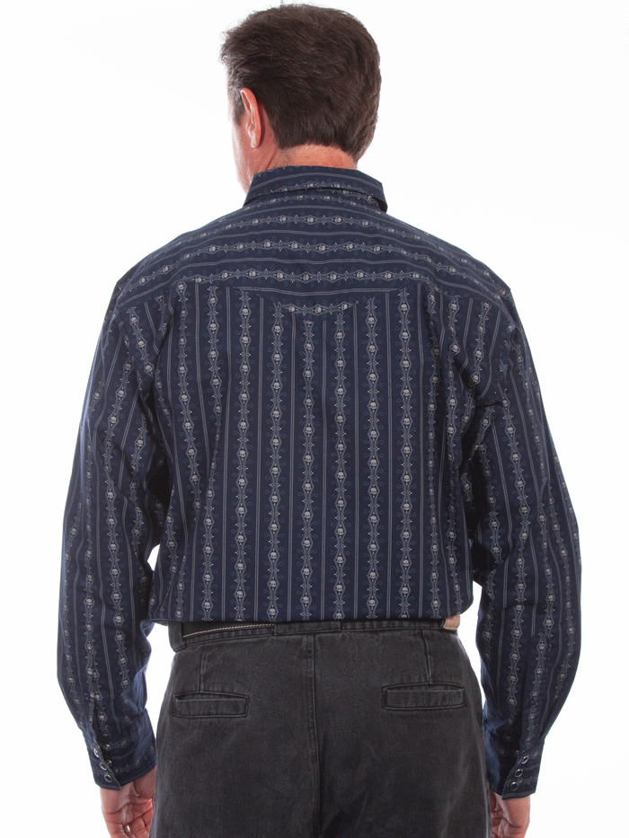 Scully PS-093-NAV Mens Skull Stripe Western Shirt Navy front view. If you need any assistance with this item or the purchase of this item please call us at five six one seven four eight eight eight zero one Monday through Saturday 10:00a.m EST to 8:00 p.m EST