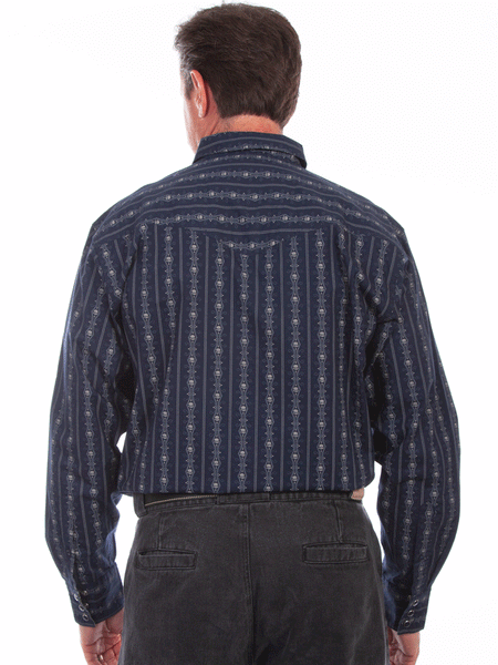 Scully PS-093-NAV Mens Skull Stripe Western Shirt Navy back view. If you need any assistance with this item or the purchase of this item please call us at five six one seven four eight eight eight zero one Monday through Saturday 10:00a.m EST to 8:00 p.m EST