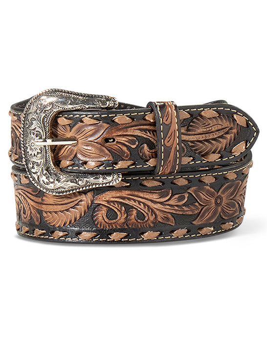 Ariat A10416107 Mens Tapered Hand Tooled Belt Black And Brown front view. If you need any assistance with this item or the purchase of this item please call us at five six one seven four eight eight eight zero one Monday through Saturday 10:00a.m EST to 8:00 p.m EST