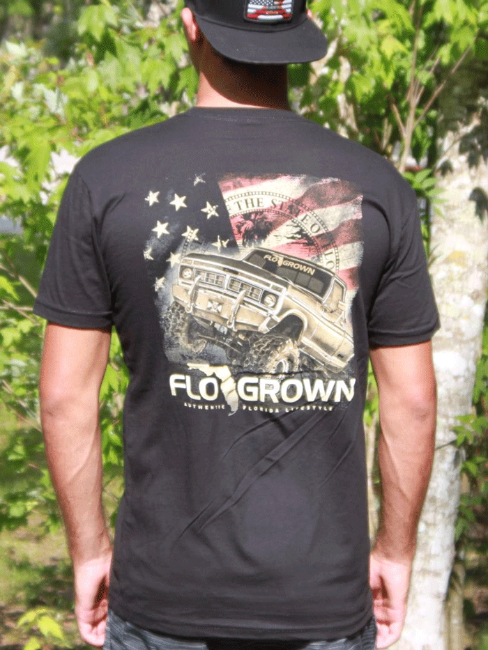 FloGrown FGM-1298 Mens Short Sleeve USA Mud Truck Tee Black back view. If you need any assistance with this item or the purchase of this item please call us at five six one seven four eight eight eight zero one Monday through Saturday 10:00a.m EST to 8:00 p.m EST