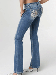 Miss Me M9303B Womens Horseshoe Bootcut Jean Neutral Blues side view. If you need any assistance with this item or the purchase of this item please call us at five six one seven four eight eight eight zero one Monday through Saturday 10:00a.m EST to 8:00 p.m EST