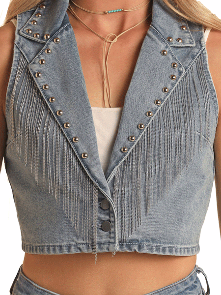 Rock & Roll Denim BW98D03548 Womens Chain Fringed Vest Light Wash Denim close up front view buttoned. If you need any assistance with this item or the purchase of this item please call us at five six one seven four eight eight eight zero one Monday through Saturday 10:00a.m EST to 8:00 p.m EST