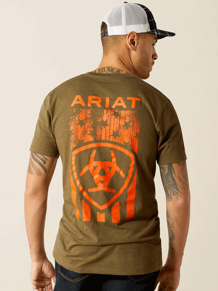 Ariat 10052569 Mens Grain Flag T-Shirt Military Heather back view. If you need any assistance with this item or the purchase of this item please call us at five six one seven four eight eight eight zero one Monday through Saturday 10:00a.m EST to 8:00 p.m EST