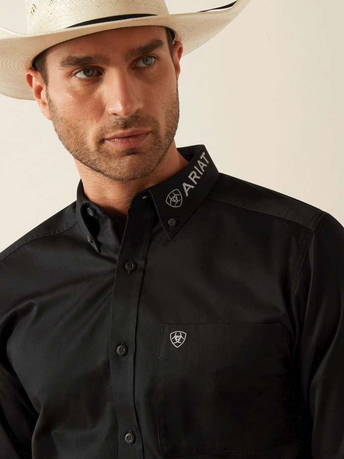 Ariat 10055406 Mens Team Logo Twill Classic Fit Shirt Grey Black front view. If you need any assistance with this item or the purchase of this item please call us at five six one seven four eight eight eight zero one Monday through Saturday 10:00a.m EST to 8:00 p.m EST