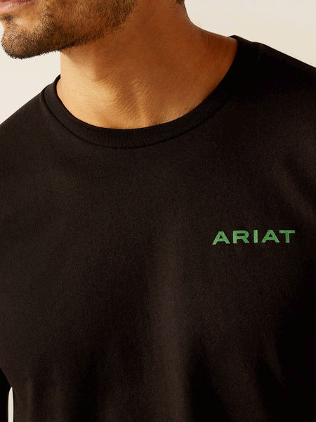 Ariat 10051447 Mens Wooden Badges T-Shirt Black close up view of front. If you need any assistance with this item or the purchase of this item please call us at five six one seven four eight eight eight zero one Monday through Saturday 10:00a.m EST to 8:00 p.m EST