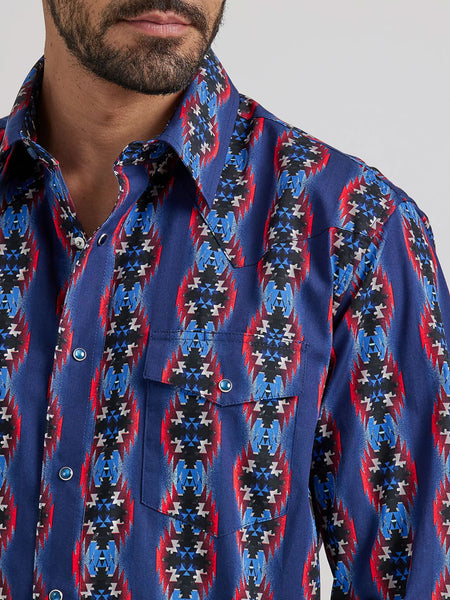 Wrangler 112337427 Mens Checotah Printed Shirt Vibrant Blue close up. If you need any assistance with this item or the purchase of this item please call us at five six one seven four eight eight eight zero one Monday through Saturday 10:00a.m EST to 8:00 p.m EST