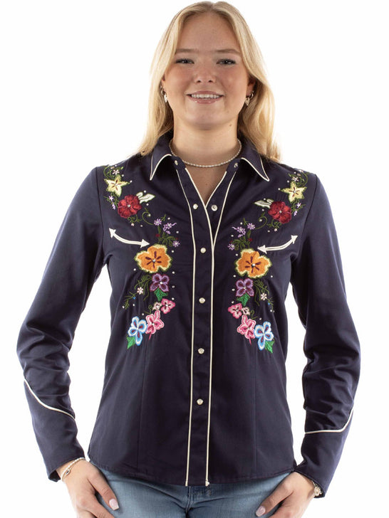 Scully PL899-NAV Womens Bright Floral Embroidery Blouse Navy front view. If you need any assistance with this item or the purchase of this item please call us at five six one seven four eight eight eight zero one Monday through Saturday 10:00a.m EST to 8:00 p.m EST